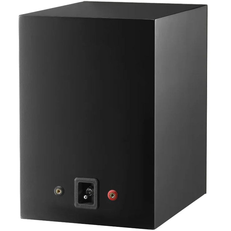 Epos ES-7N passive bookshelf speakers in black with semi-matte finish, shown from rear with isolation features.