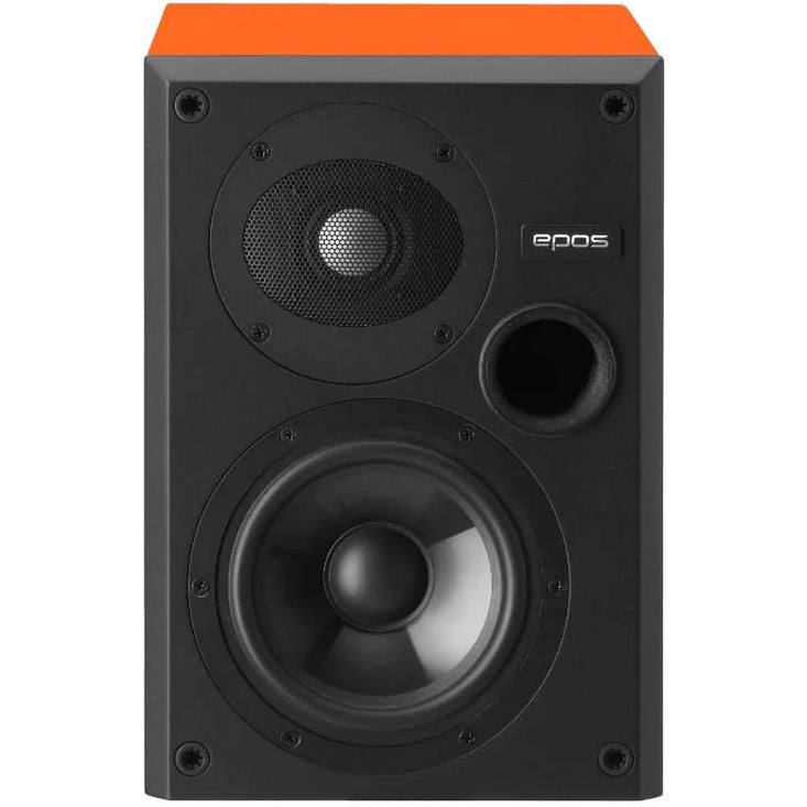 Epos ES-7N passive bookshelf speakers with orange semi-matte finish, front view showing sleek design and compact size.