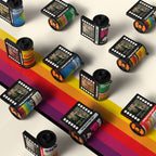 Escura SnapRoll camera designs on a rainbow background