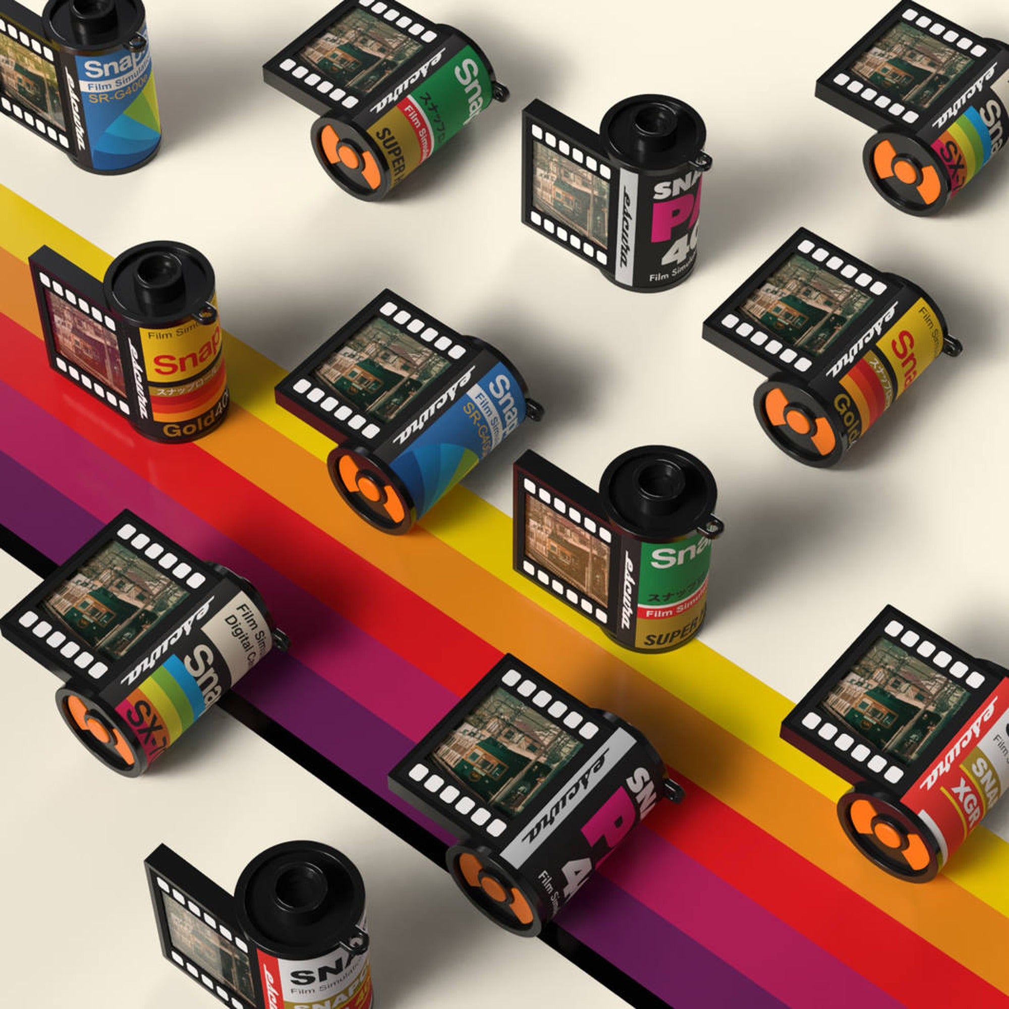 Escura SnapRoll camera designs on a rainbow background