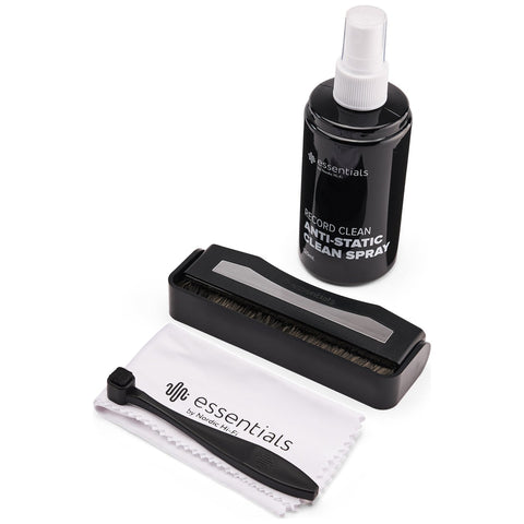 Essentials TT Vinyl Kit 100, kit contents with record cleaning spray, record brush, stylus brush and cloth