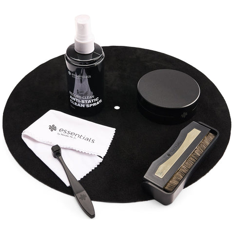 Essentials TT Vinyl Kit 300, kit contents with leather slip mat, record weight, record brush, stylus brush and cleaning spray