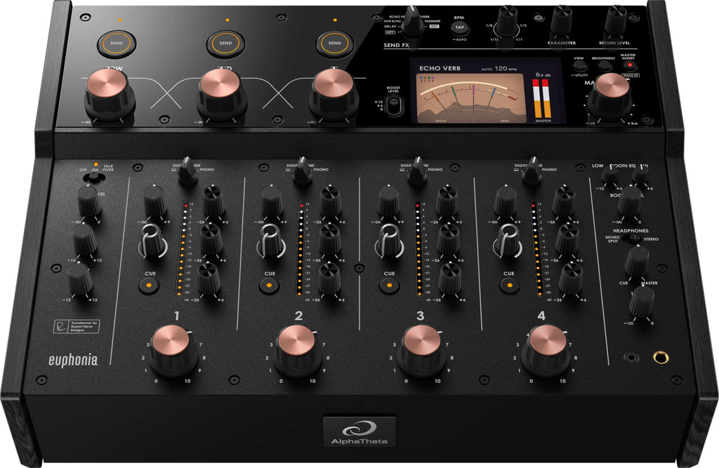 AlphaTheta Euphonia DJ mixer with multiple knobs and sliders, professional audio equipment for mixing music performances.