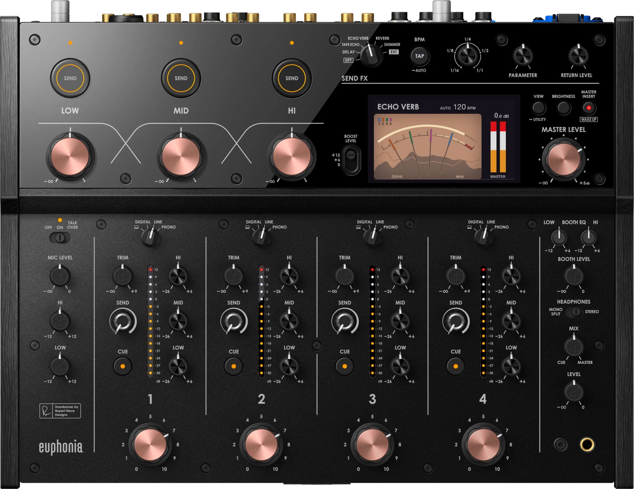AlphaTheta Euphonia DJ mixer with multiple knobs, sliders, and input ports for professional audio mixing.