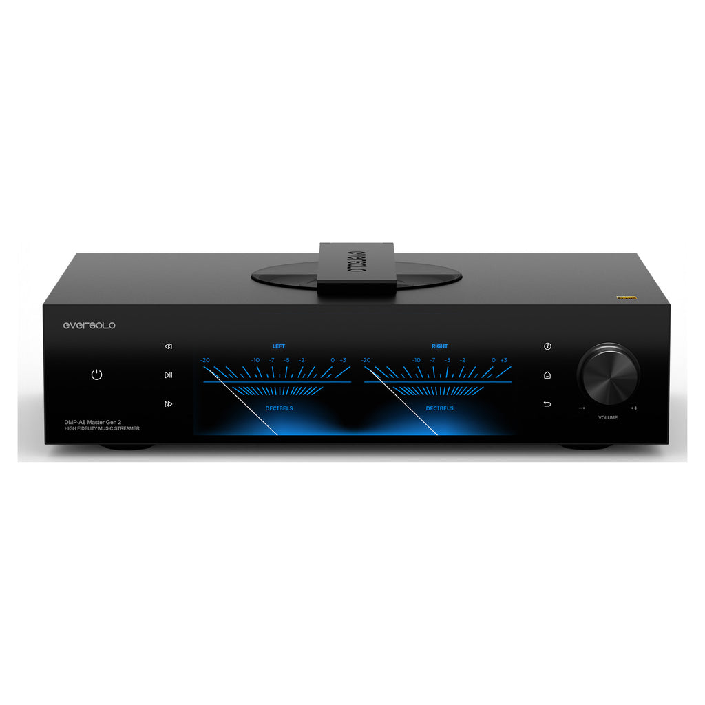 Eversolo DMP-A8 Master Edition Gen 2 with CD puck in place and VU meters lit