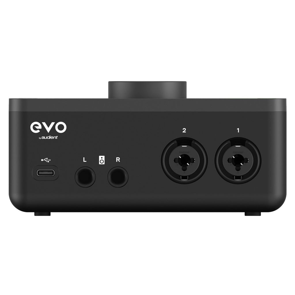 Audient EVO 4 audio interface with multiple input/output ports and sleek design, ideal for home recording setups.