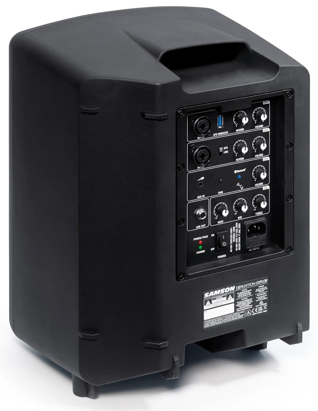 Samson Expedition Explor PA speaker shown from back left side, featuring rugged design and input controls for professional audio use.