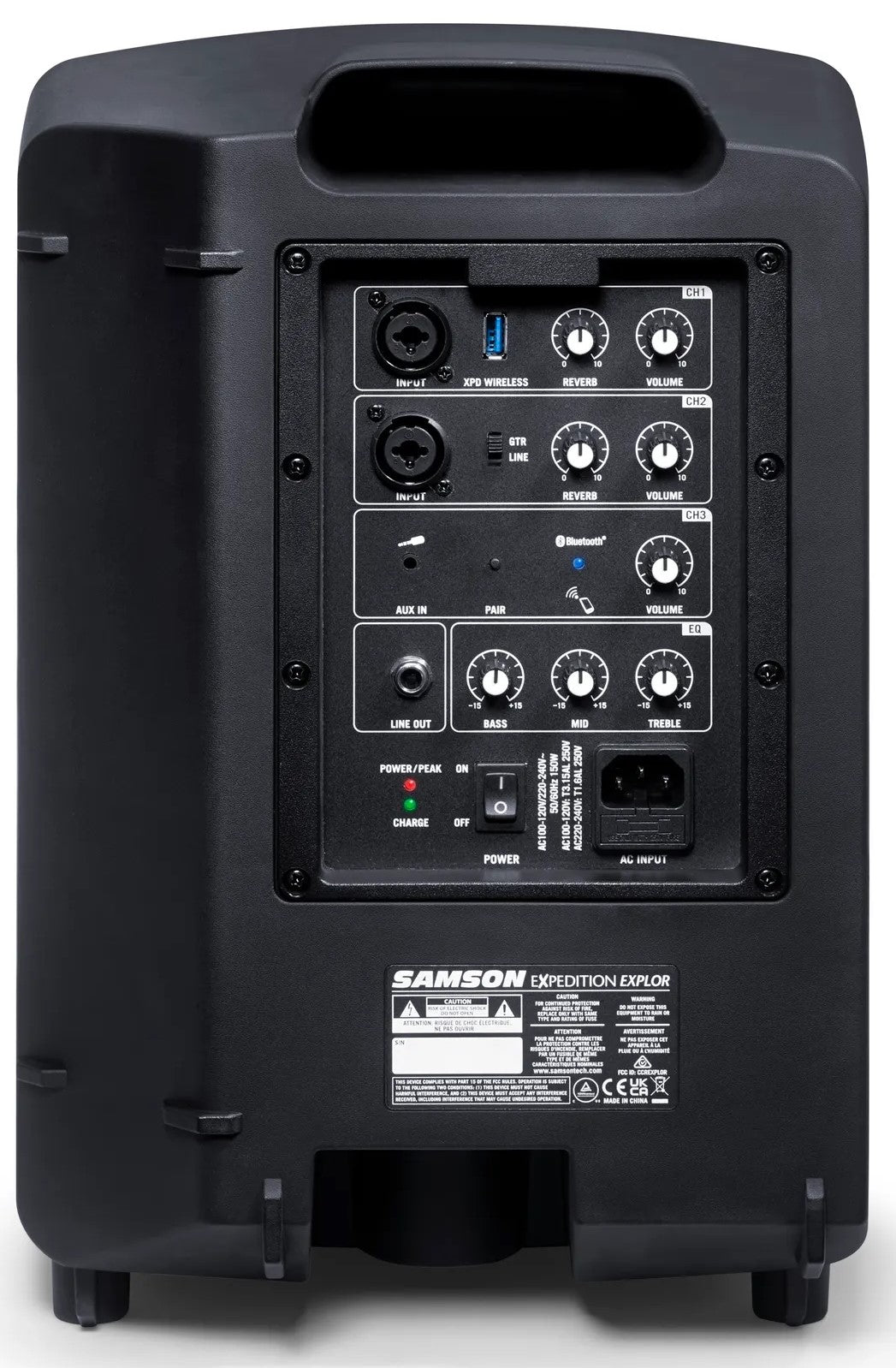 Samson Expedition Explor PA speaker with rear connection panel and control knobs, designed for portable sound systems.