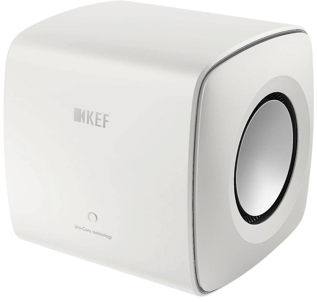 KEF KC62 subwoofer with sleek black design, compact size, and front-facing port, ideal for deep bass in home audio systems.
