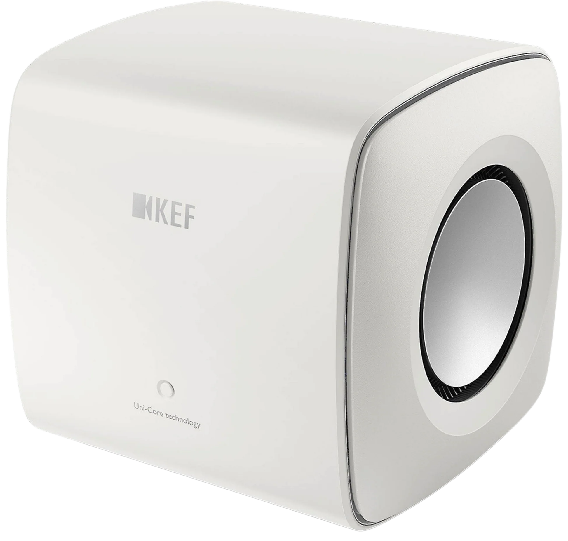 KEF KC62 subwoofer with sleek black design, compact size, and front-facing port, ideal for deep bass in home audio systems.