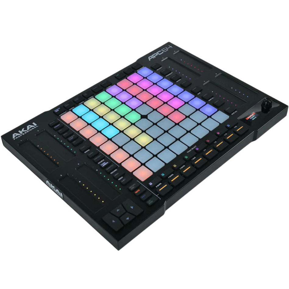 Akai Professional APC64 MIDI controller with 64 pads, knobs, and faders for music production and live performance.