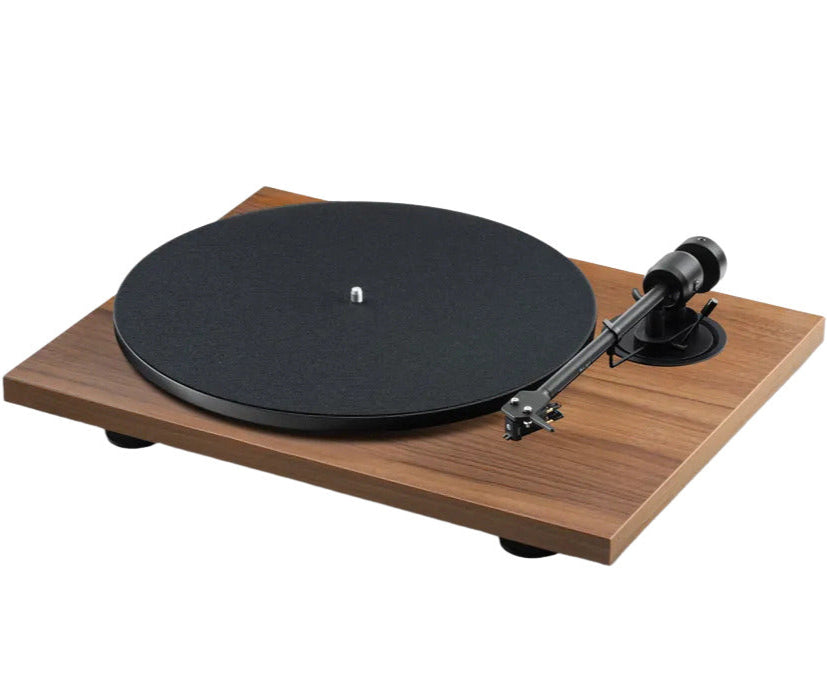 Pro-Ject E1.2 turntable with sleek black finish, featuring a minimalist design and tonearm for high-quality vinyl playback.