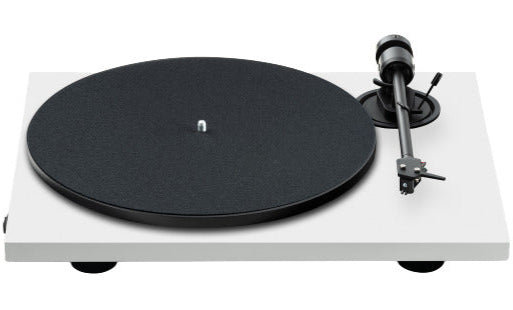 Pro-Ject E1.2 turntable with wooden plinth and tonearm, showcasing its sleek design and high-quality audio setup.