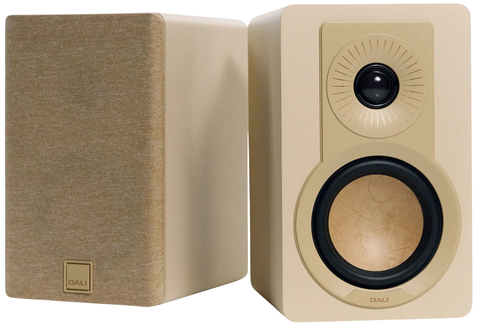 DALI Kupid passive bookshelf speakers with sleek black cabinets and compact design, ideal for home audio setups.