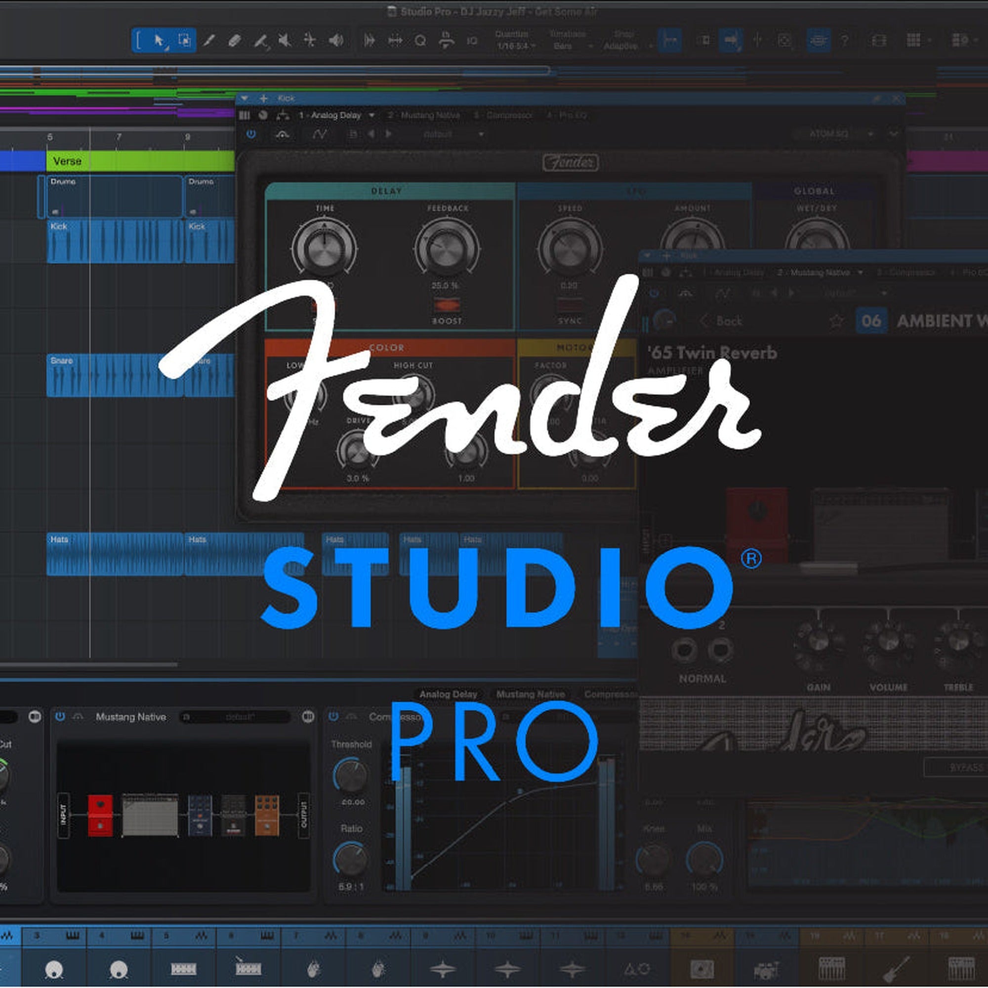 Fender Studio Pro DAW software interface with mixing controls and audio tracks, designed for music production.