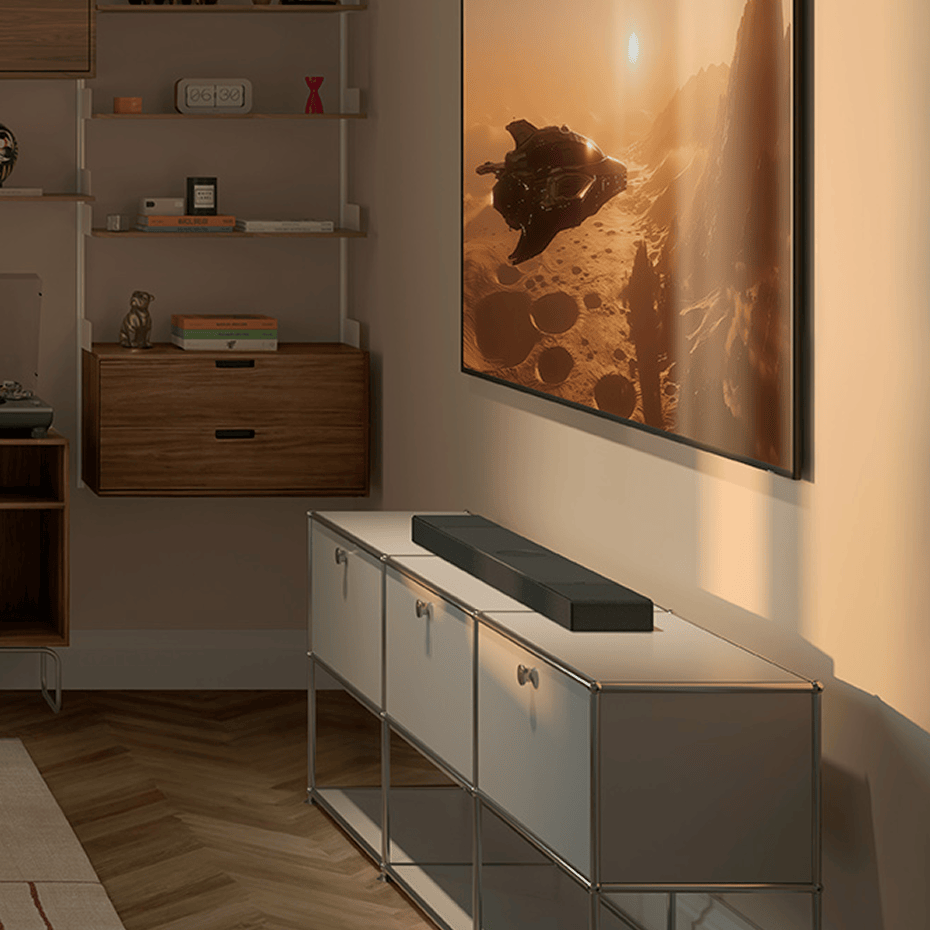 KEF XIO soundbar with sleek black design and multiple speaker drivers for immersive TV audio.