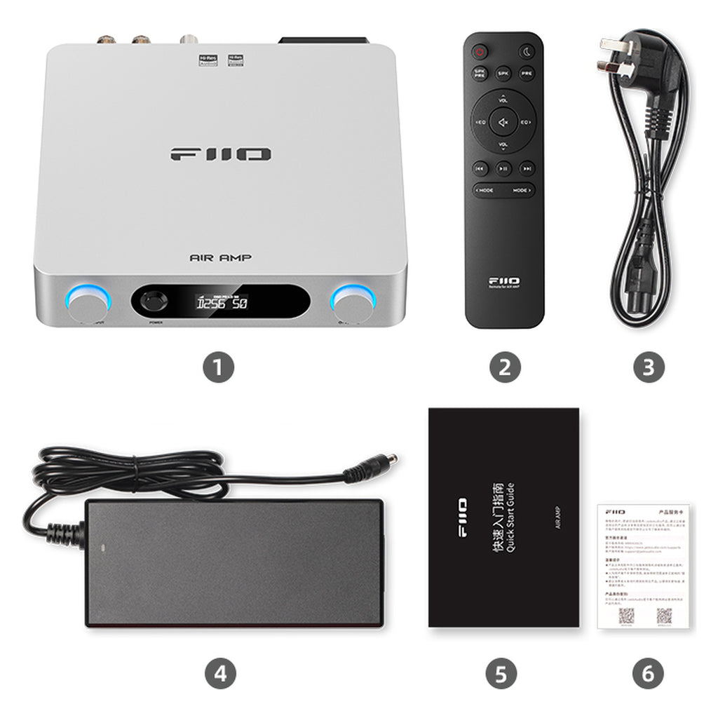 FiiO AIR AMP box contents with remote, power adapter and cable