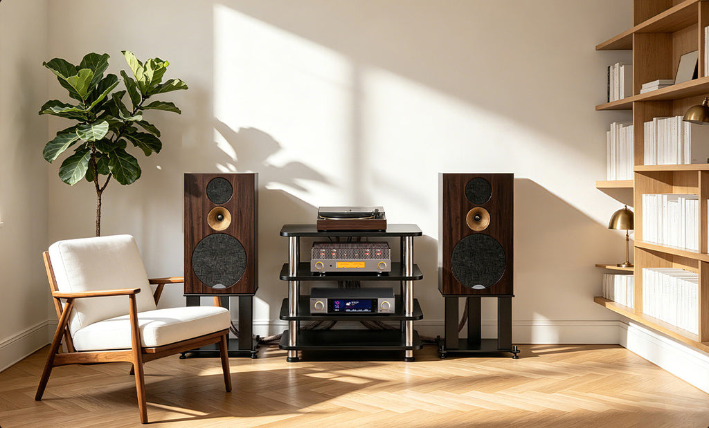 FiiO EA13 in a sunlit living room system with bookshelf speakers on stands