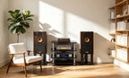 FiiO EA13 in a sunlit living room system with bookshelf speakers on stands
