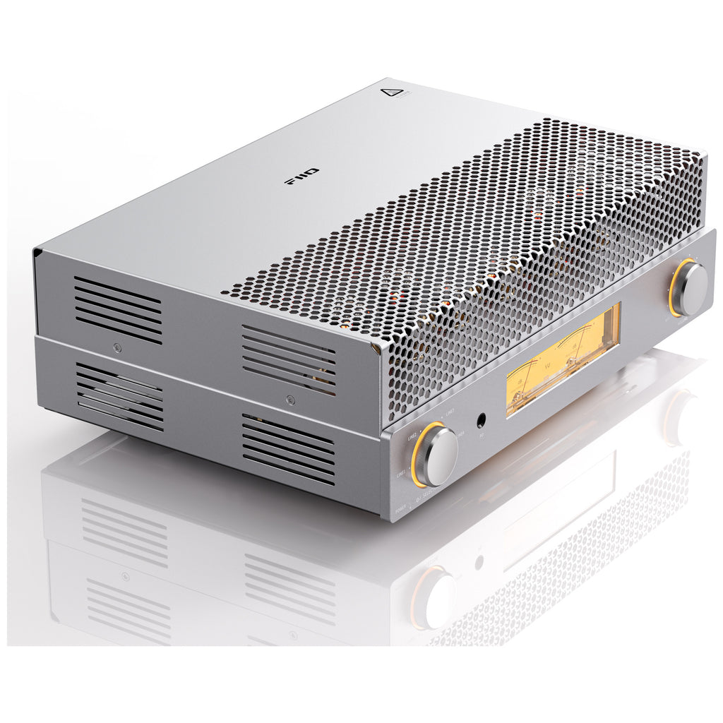 FiiO EA13 vacuum tube amplifier in silver, three-quarter view with the tube cover fitted
