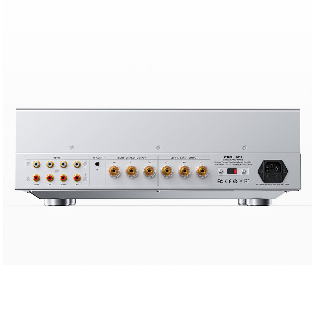 FiiO EA13 rear panel with four RCA inputs, 4 and 8 ohm speaker binding posts and trigger input