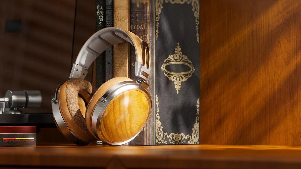 FiiO FT1 closed-back over-ear headphones with walnut wood cups, in black