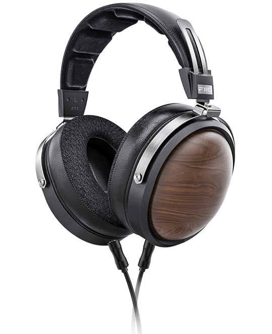 FiiO FT1 closed-back over-ear headphones with walnut wood cups, in black