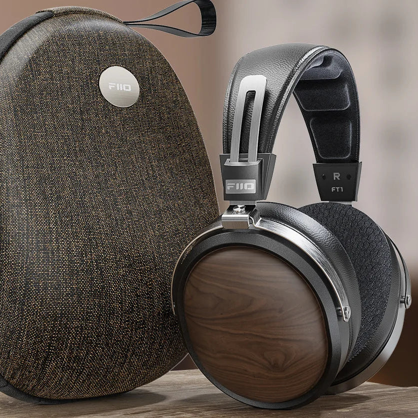 FiiO FT1 closed-back over-ear headphones with walnut wood cups, in black
