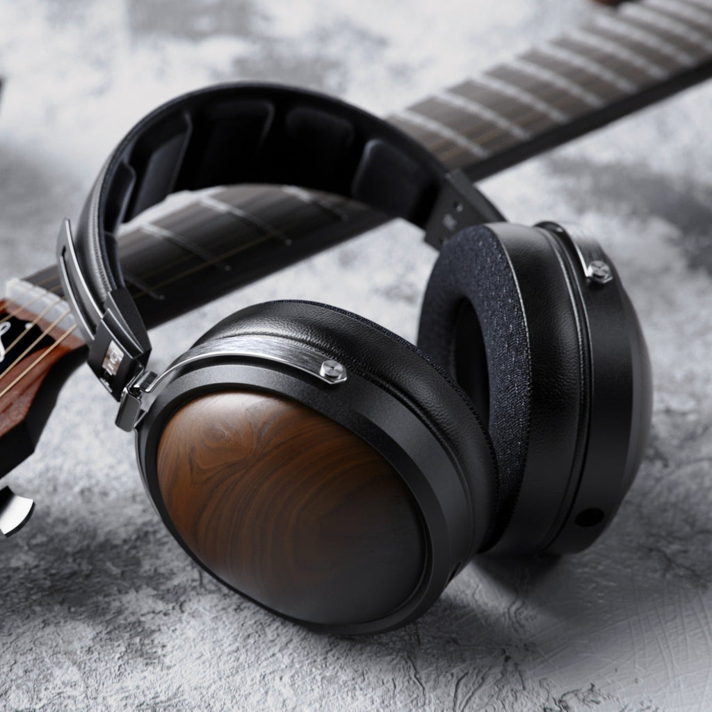 FiiO FT1 closed-back over-ear headphones with walnut wood cups, in black