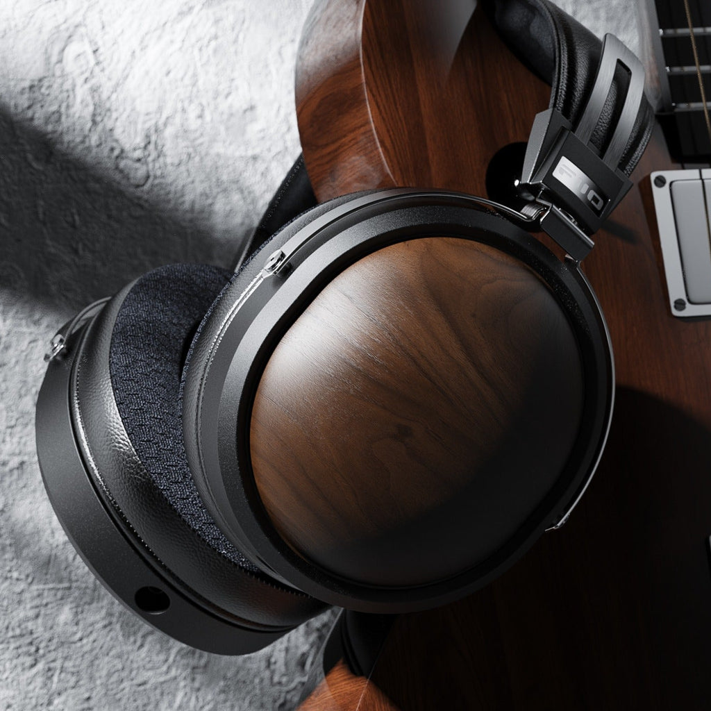 FiiO FT1 closed-back over-ear headphones with walnut wood cups, in black