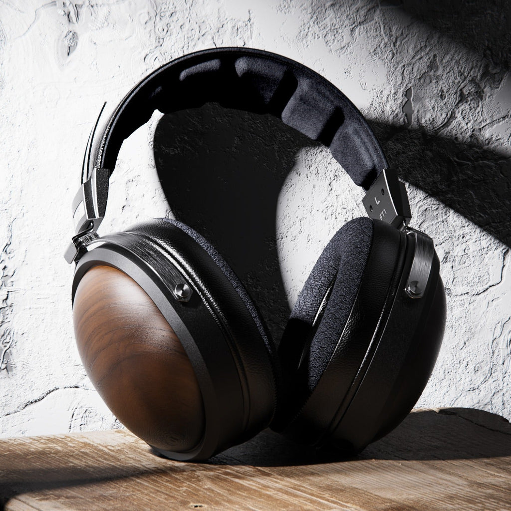 FiiO FT1 closed-back over-ear headphones with walnut wood cups, in black