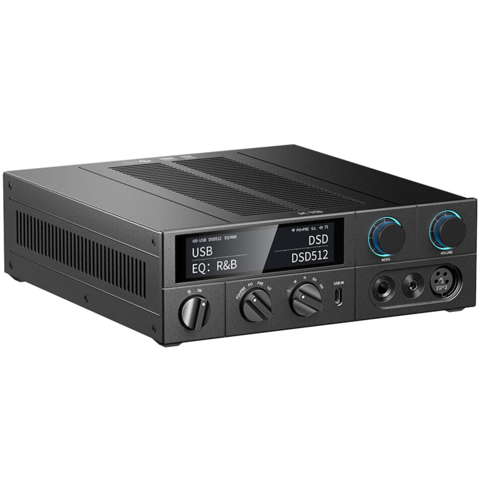 FiiO K15 headphone amplifier and DAC with AK4497S2 chip, black finish, featuring multiple input ports and a sleek design.