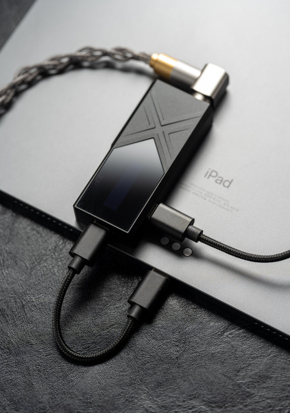 FiiO KA17 headphone amp / DAC, close-up with USB-C cable attached