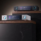FiiO S15 music streamer with high-resolution audio output, compact black device with multiple ports on a wooden surface.