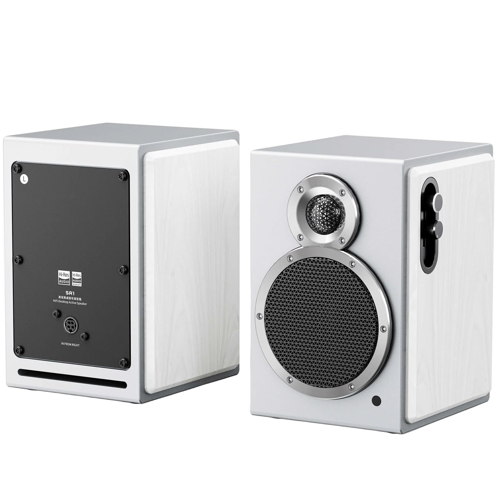 FiiO SA1 desktop speakers in white, featuring sleek design with dual speaker units and modern audio equipment appearance.
