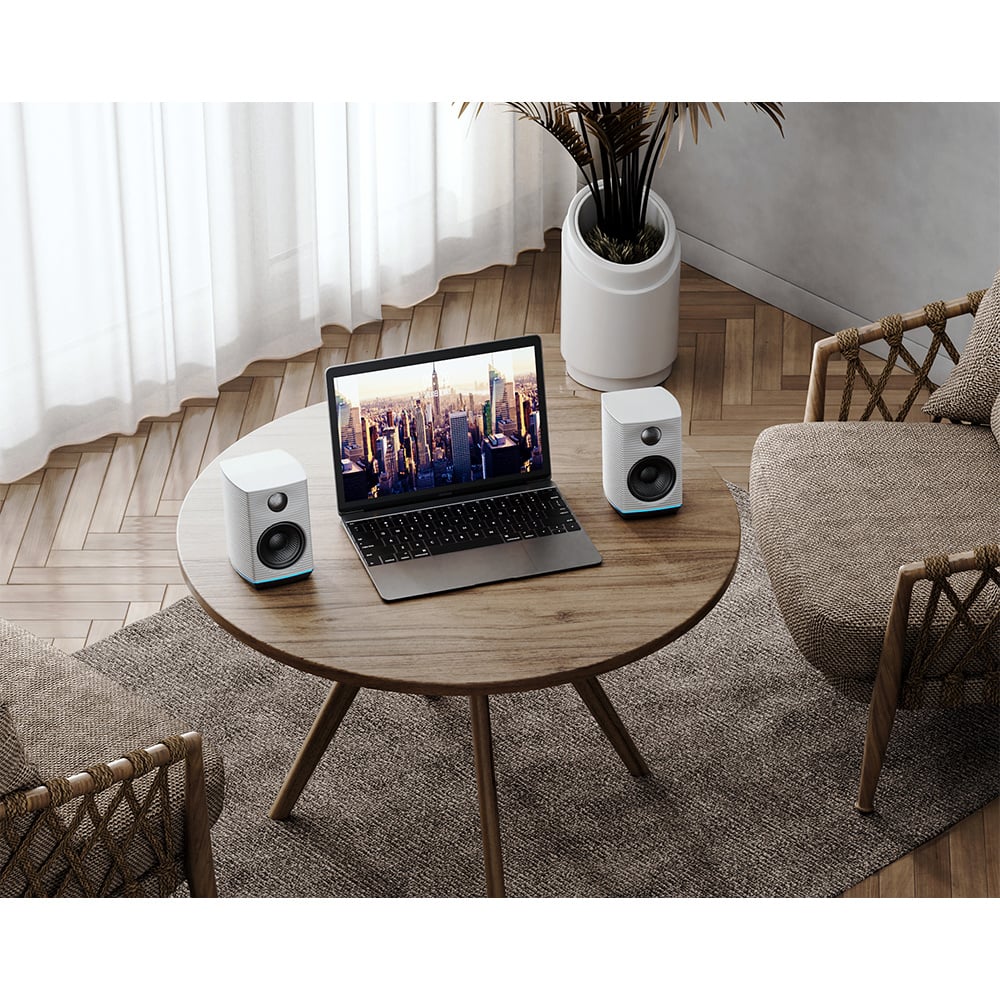 FiiO SP3 BT desktop speakers with compact design, black finish, and Bluetooth connectivity for high-quality audio.