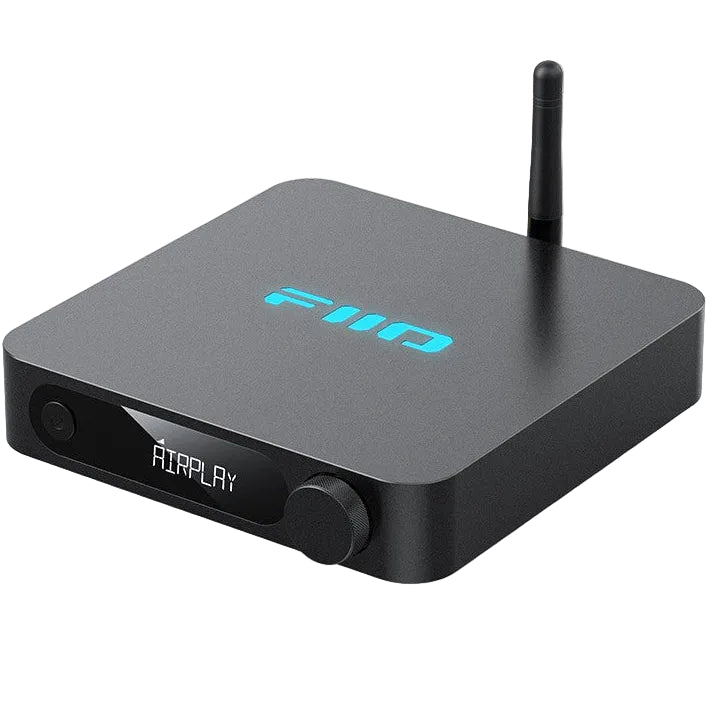 FiiO SR11 Wi-Fi AirPlay music streamer connected to audio system, compact device for high-quality wireless audio streaming.