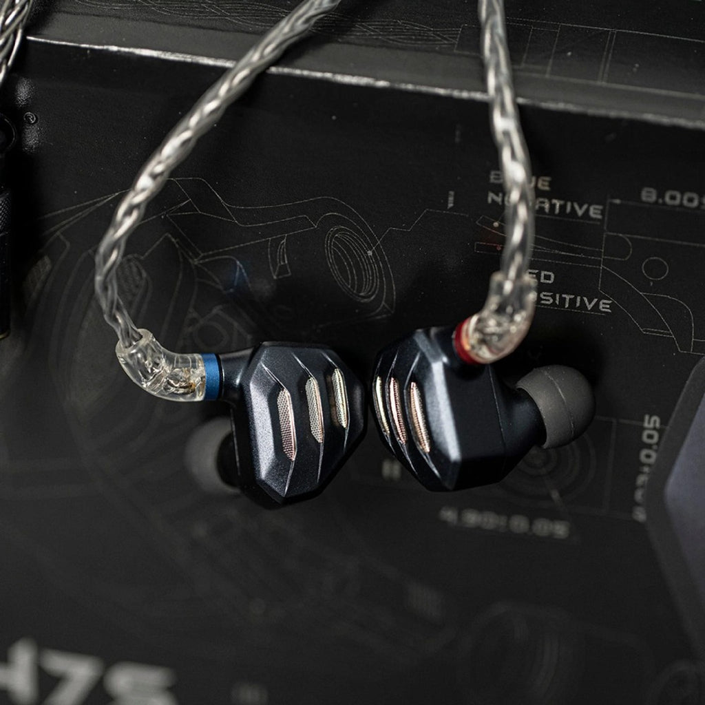 FiiO FH7S in-ear headphones with sleek black design and detachable cables, detailed close-up showing earbud tips and branding.