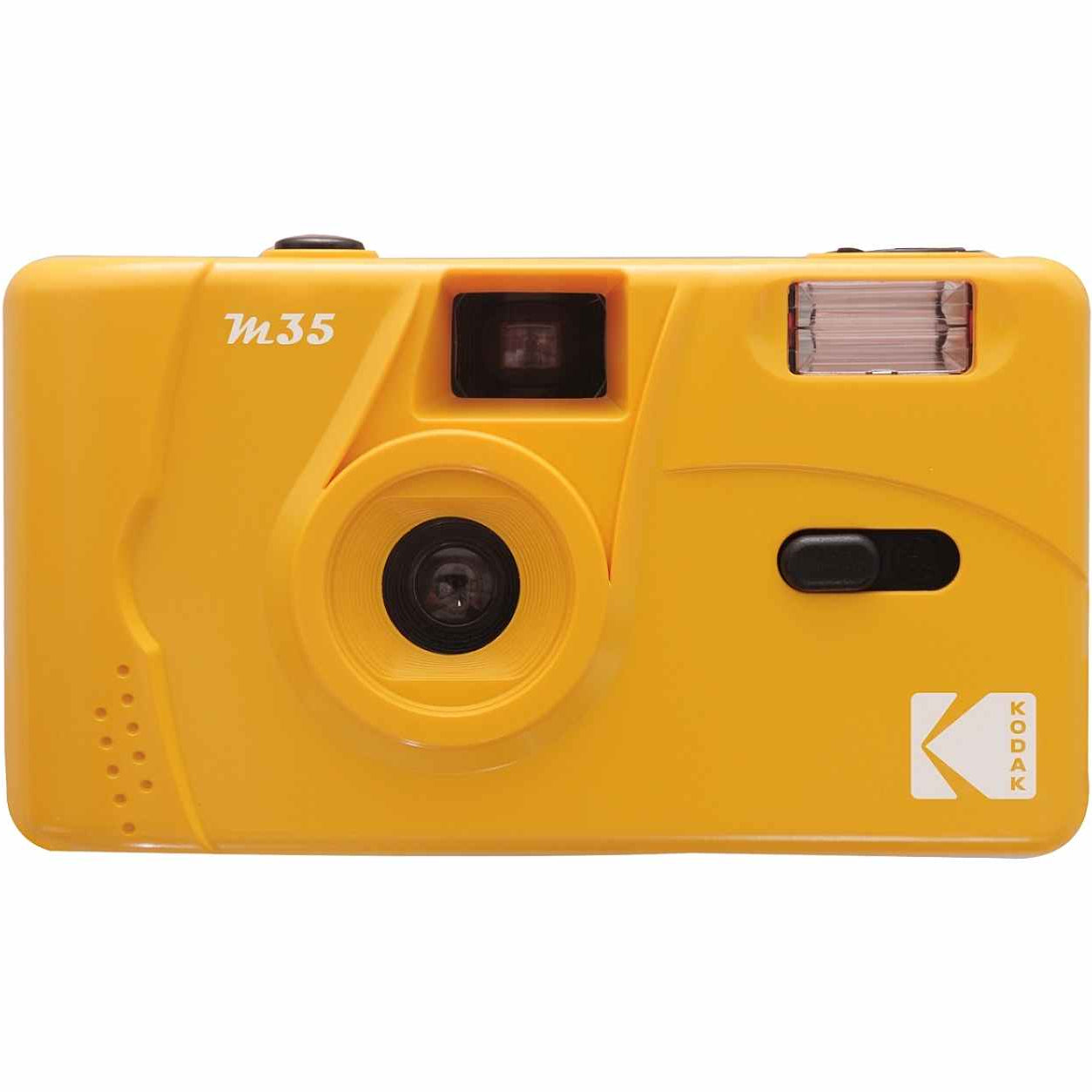 Yellow Kodak M35 reusable instant camera with compact design and film loading visible.