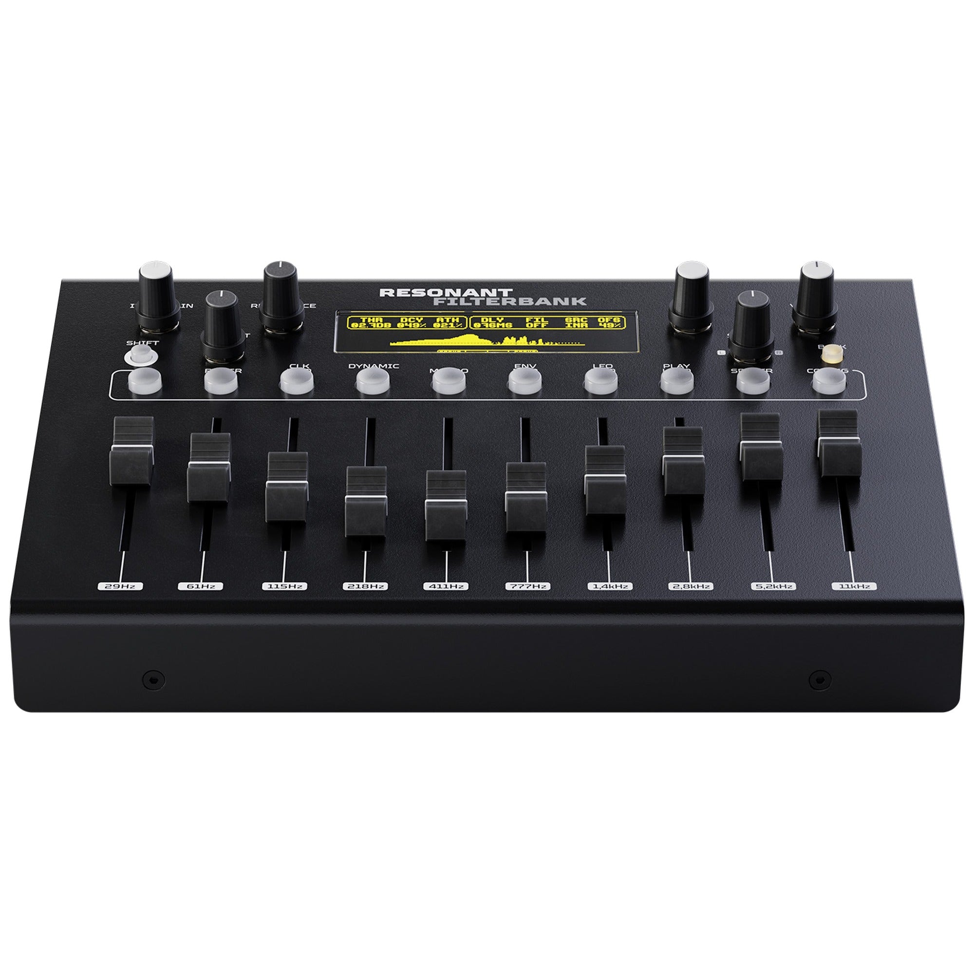 Front view of Erica Synths Resonant Filterbank, a versatile effects unit with multiple filter modules and control knobs.