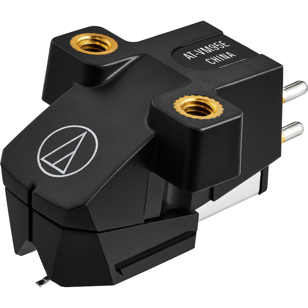 Audio-Technica AT-VM95EBK MM phono cartridge mounted on a turntable, showcasing the black stylus and cartridge body.