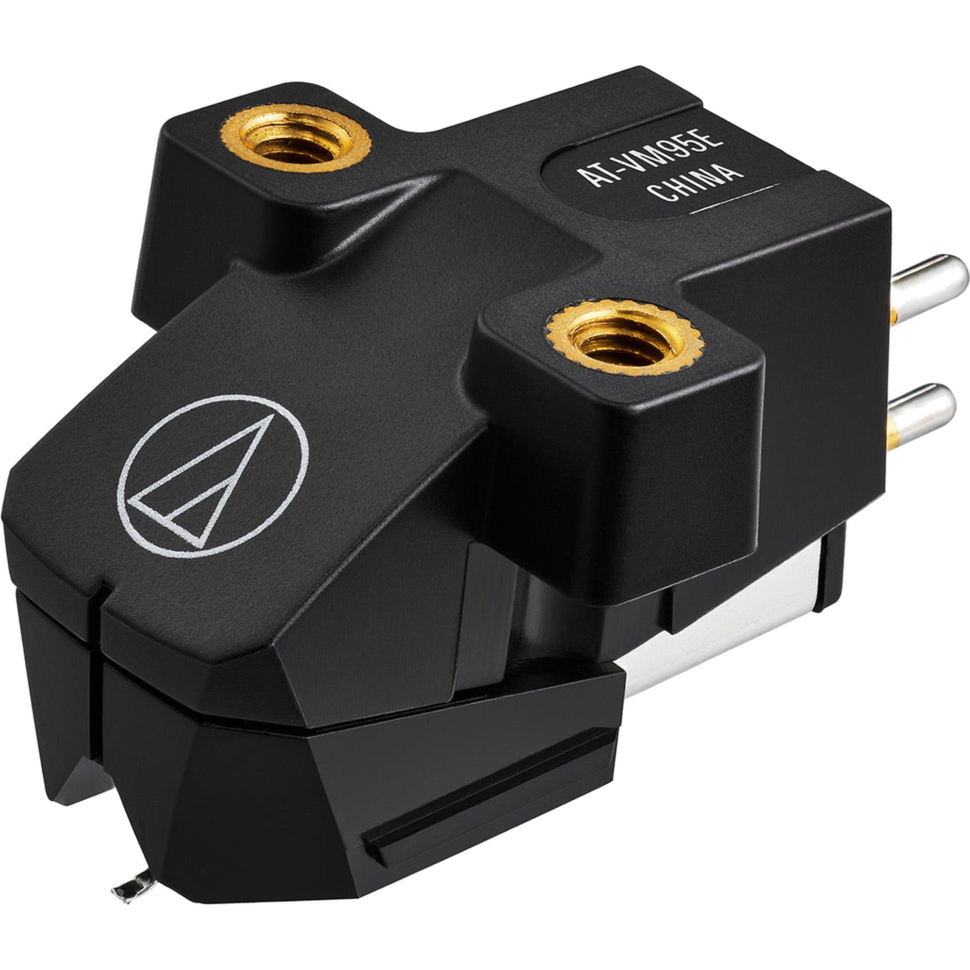 Audio-Technica AT-VM95EBK MM phono cartridge mounted on a turntable, showcasing the black stylus and cartridge body.