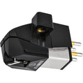Audio-Technica AT-VM95EBK MM phono cartridge shown from the side, designed for turntables, with detailed stylus and body features.