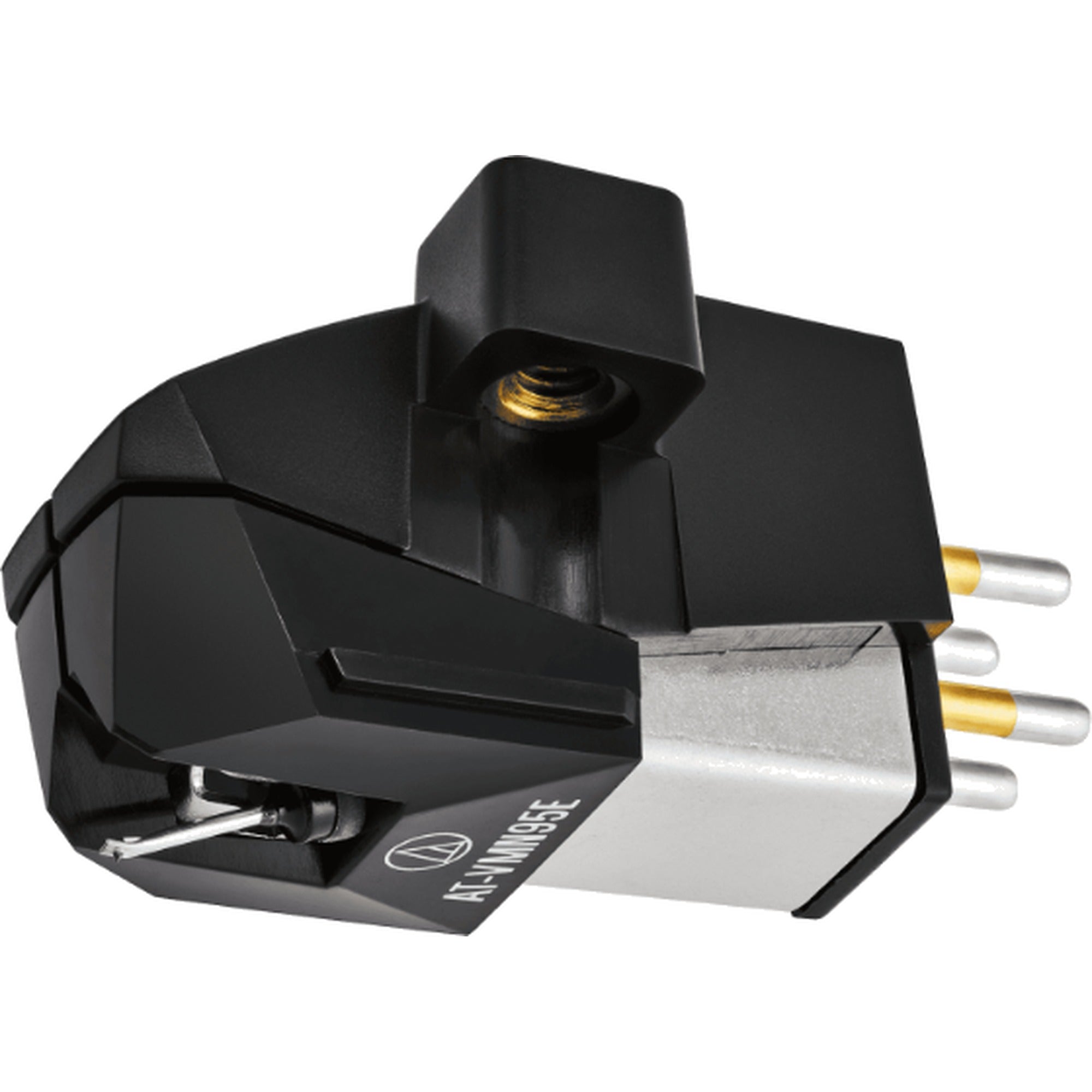 Audio-Technica AT-VM95EBK MM phono cartridge shown from the side, designed for turntables, with detailed stylus and body features.