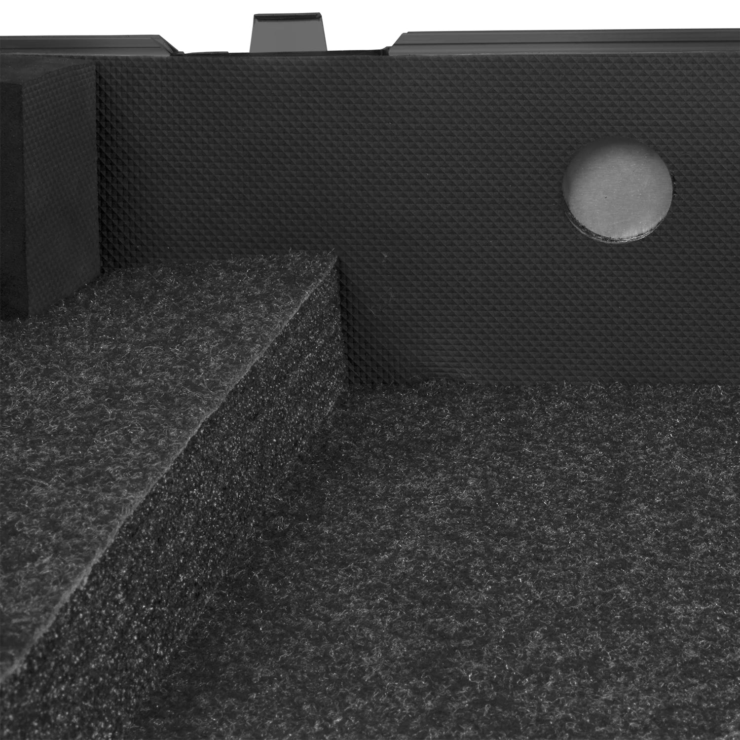 UDG Ultimate Flight Case AlphaTheta DDJ-GRV6 black DJ flight case with laptop shelf, interior view showing protective foam and compartments.
