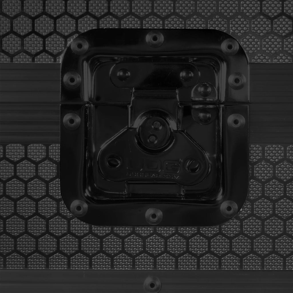 UDG Ultimate Flight Case AlphaTheta DDJ-GRV6 black DJ flight case with latch lock and laptop shelf, designed for DJ equipment transport.