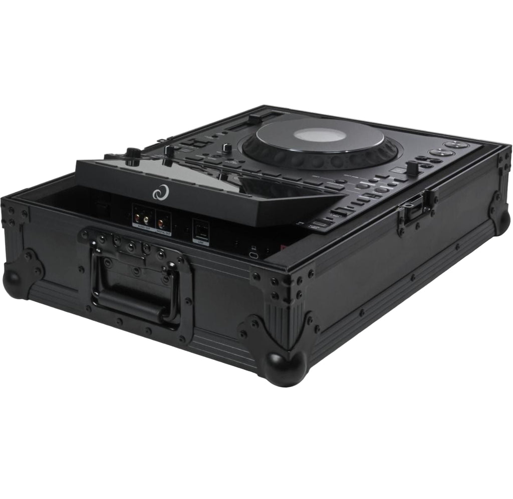 AlphaTheta FLT-3000X DJ flight case for CDJ-3000X, showing sturdy construction and secure latches from the back view.
