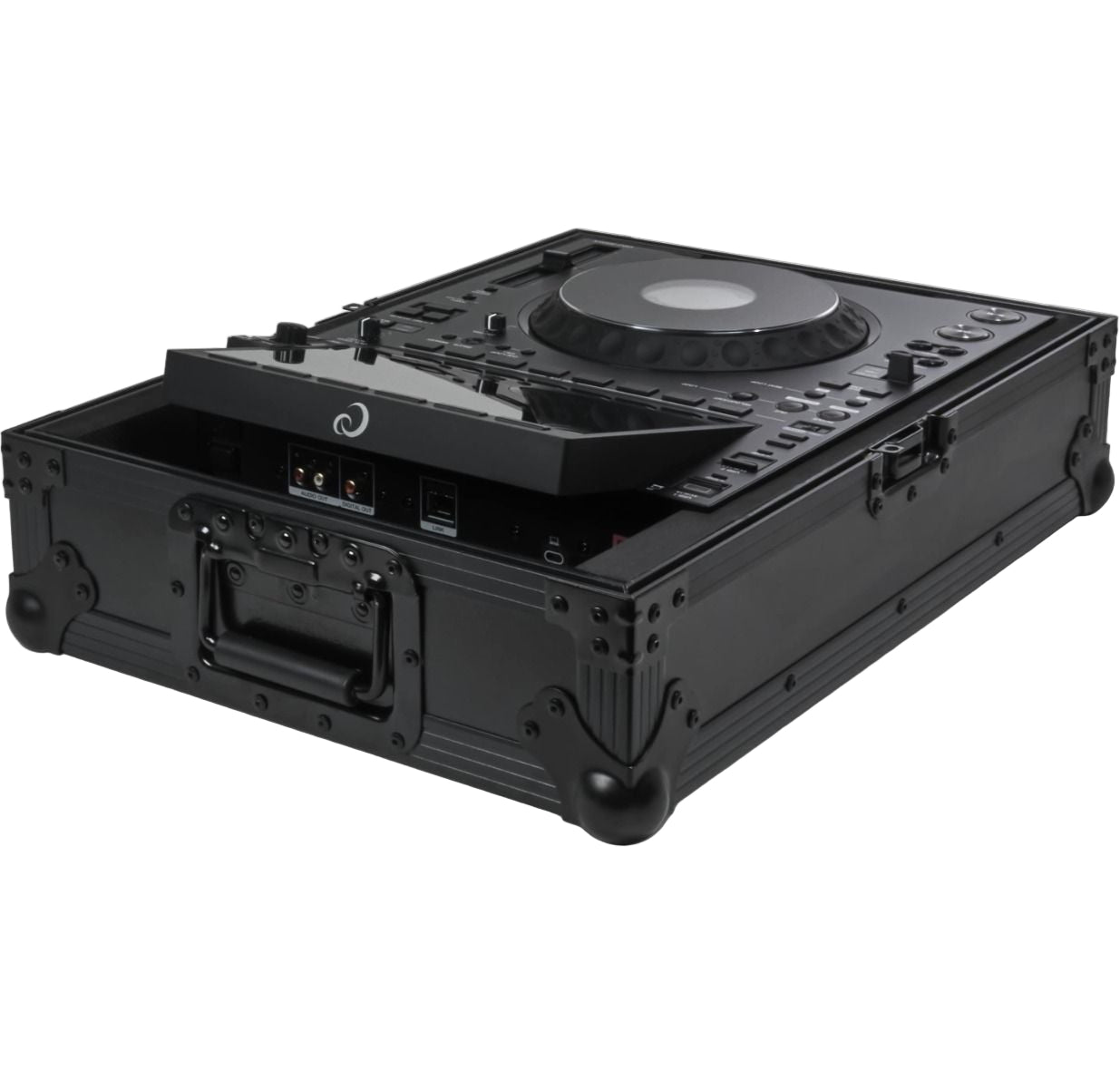 AlphaTheta FLT-3000X DJ flight case for CDJ-3000X, showing sturdy construction and secure latches from the back view.