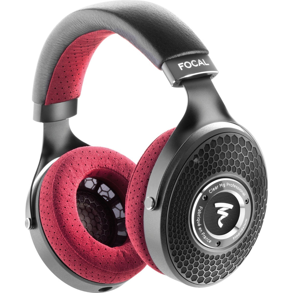 Focal Clear MG Professional open-back headphones, black, close-up detail.