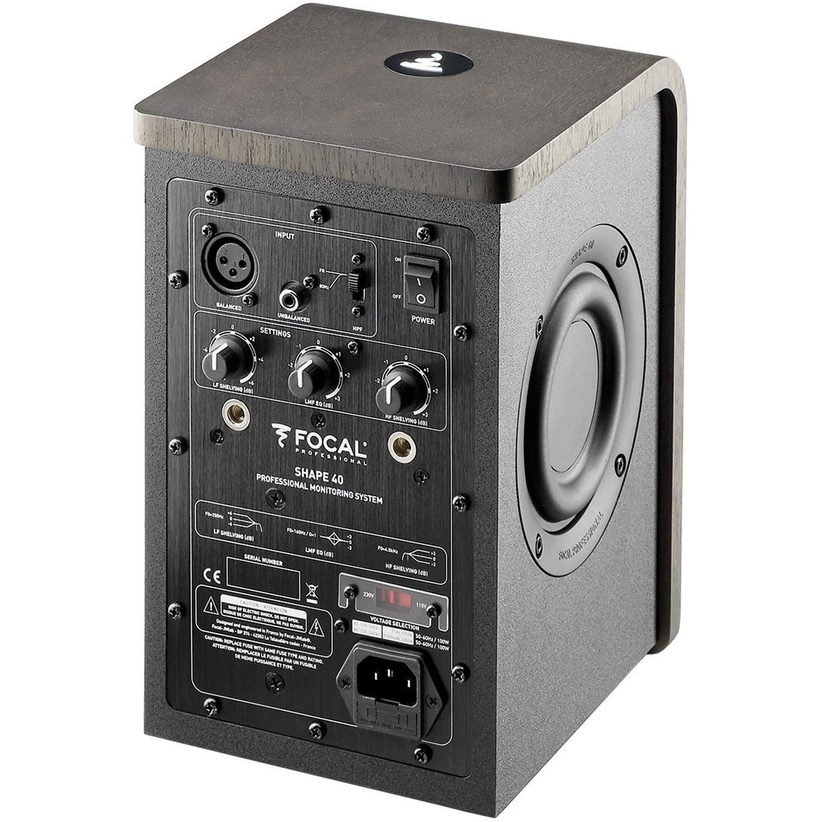 Focal Shape 40 active nearfield monitors with sleek black design and front-facing controls, ideal for professional audio mixing.